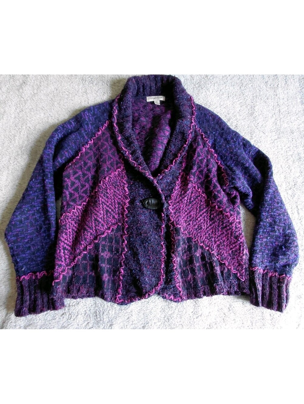 Coldwater Creek Cardigan Large Purple Patchwork Knit Boho Festival Hippie